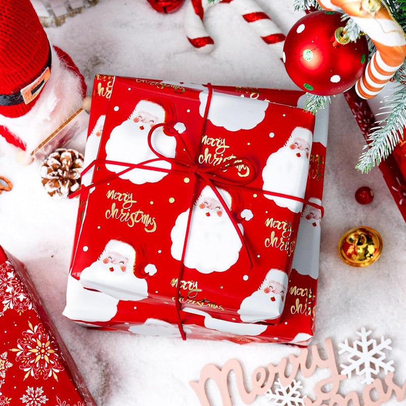 MAYPLUSS Red Christmas Wrapping Paper Roll - 17IN X 33FT - Santa Gift Wrapping Paper Featuring Santa Claus Gold Merry Christmas Reversible Snowflake for Kids, Holiday, New Year - Image 3